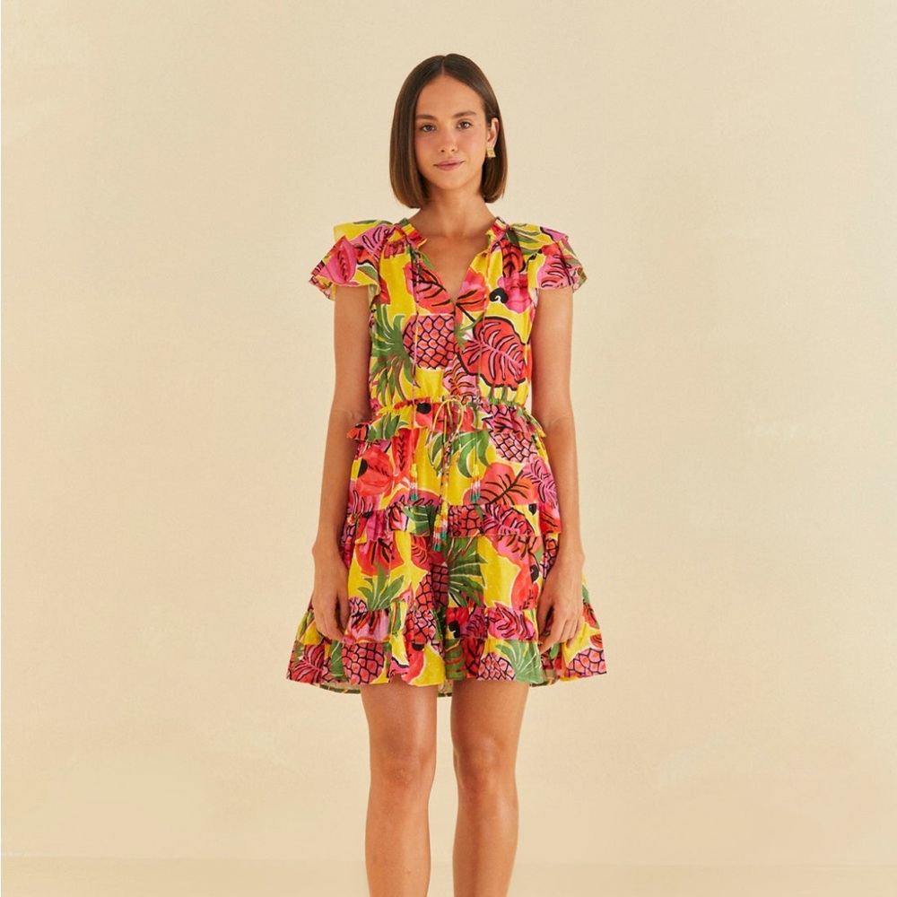 Farm Rio XL Yellow Fruit Dream Ruffle Mini Dress NWT